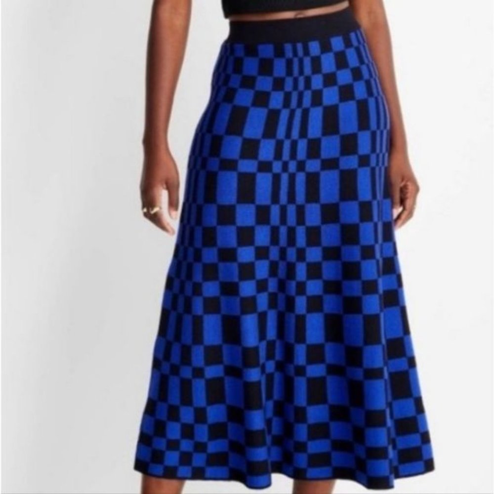 NEW Future Collective x Khalana Barfield Brown Knit Skirt Check Print Blue XXS